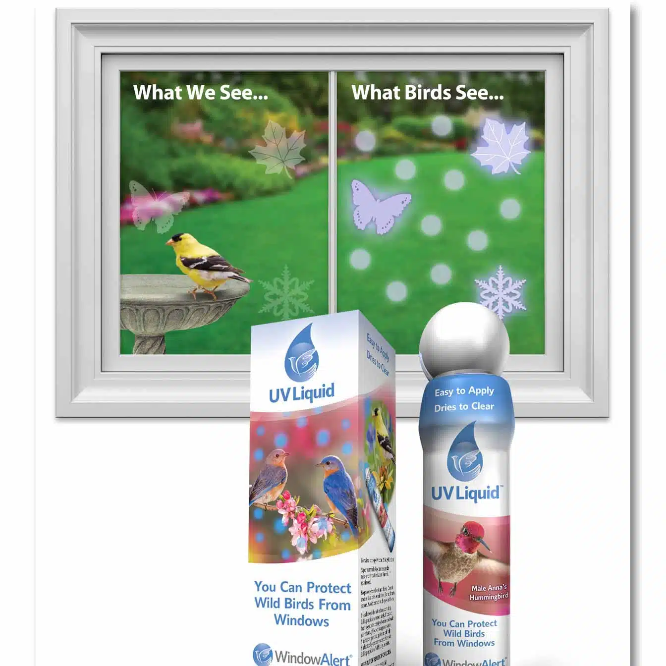 WindowAlert UV Liquid What We See, What Birds See, available at The Audubon Shop, the best shop for birdwatchers, Madison CT