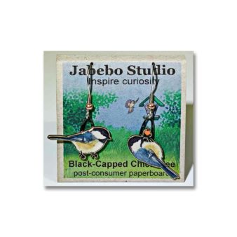 Jabebo Black-capped Chickadee Earrings, available at The Audubon Shop, the best shop for bird watchers, Madison CT