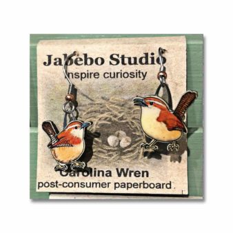 Carolina Wren Earrings, available at The Audubon Shop, the best shop for bird watchers, Madison CT