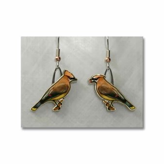 Jabebo Cedar Waxwing Earrings, available at The Audubon Shop, the best shop for bird watchers, Madison CT 