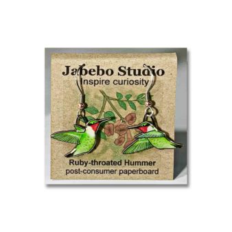 Jabebo Ruby-throated Hummingbird Earrings, available at The Audubon Shop, the best shop for bird watchers, Madison CT