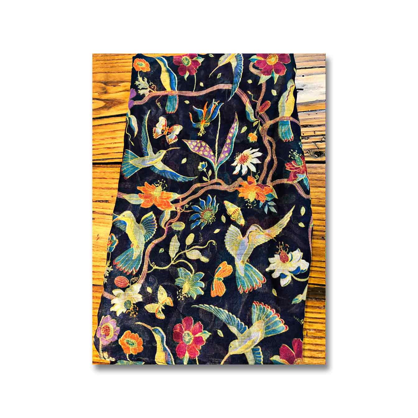 Hummingbirds with Flowers Scarf, Navy, available at The Audubon Shop, the best shop for bird watchers, Madison CT