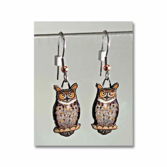 Jabebo Great Horned Owl Earrings, available at The Audubon Shop, the best shop for nature lovers, Madison CT