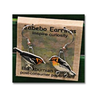 Jabebo Blackburnian Warbler Earrings, available at The Audubon Shop, the best shop for bird watchers, Madison CT