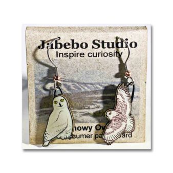 Jabebo Snowy Owl Earrings, available at The Audubon Shop, the best shop for bird watchers, Madison CT