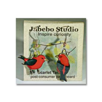Jabebo Scarlet Tanager Earrings, available at The Audubon Shop, the best shop for bird watchers, Madison CT