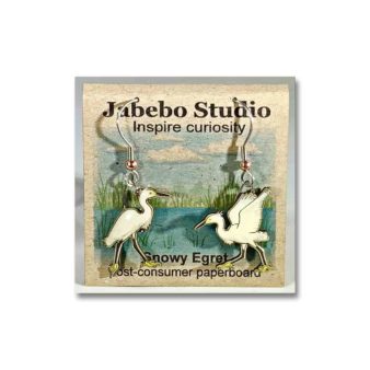 Jabebo Snowy Egret Earrings, available at The Audubon Shop, the best shop for bird watchers, Madison CT