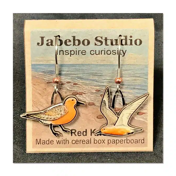 Jabebo Red Knot Earrings, available at The Audubon Shop, the best shop for bird watchers, Madison CT