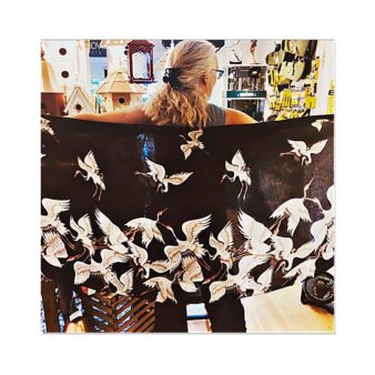 Crane Scarf in Black, available at The Audubon Shop, the best shop for bird watchers, Madison CT