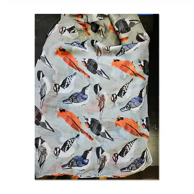 Song Birds Scarf in Gray, available at The Audubon Shop, the best shop for bird watchers, Madison CT