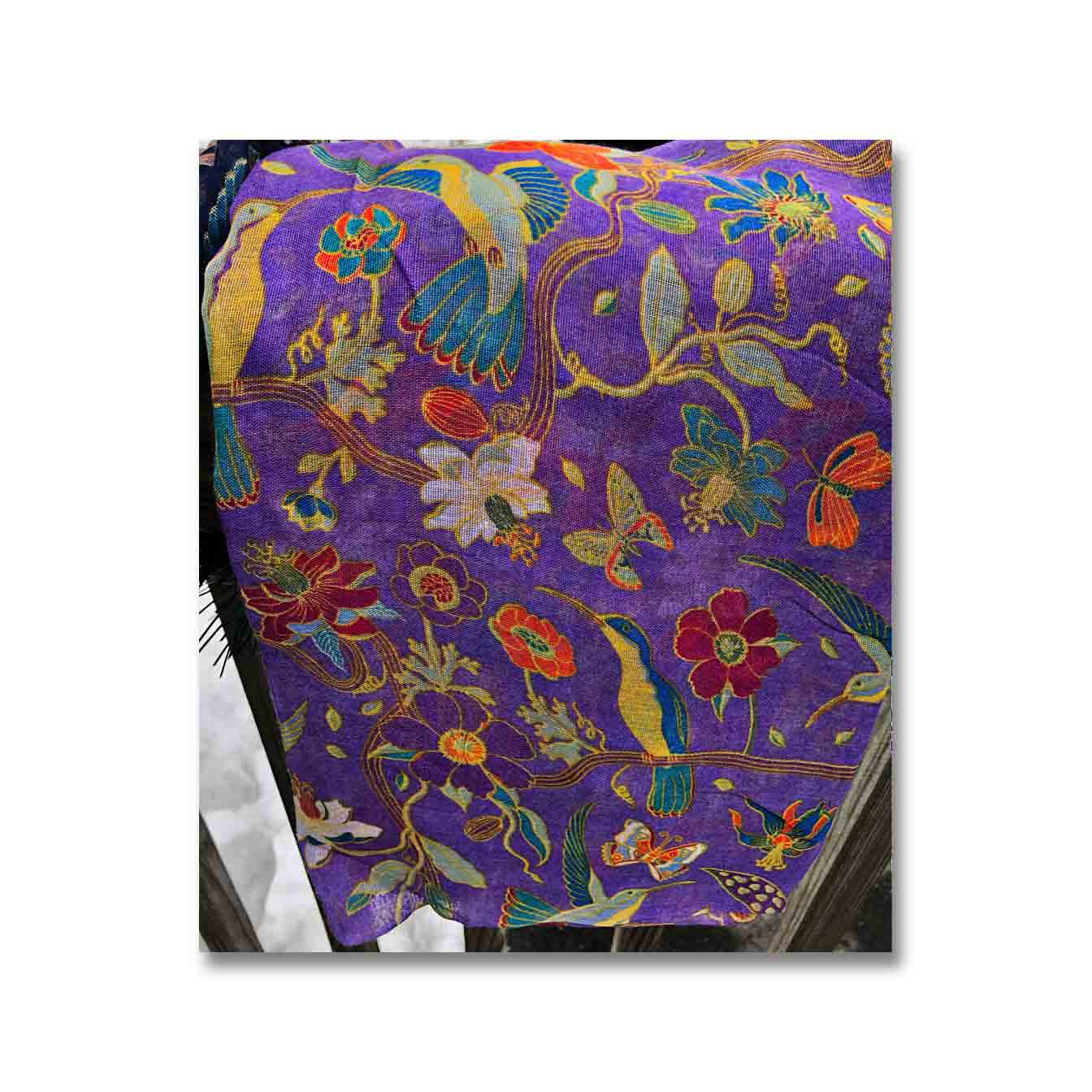 Hummingbirds with Flowers Scarf Violet, available at The Audubon Shop, the best shop for nature lovers, Madison CT