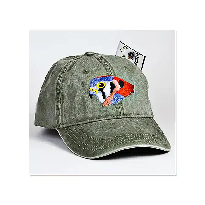 Eco Wear Embroidered American Kestrel Cap, available at The Audubon Shop, the best shop for bird watchers, Madison CT