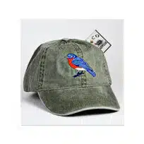 Eco Wear Embroidered Eastern Bluebird Cap, available at The Audubon Shop, the best shop for bird watchers, Madison CT