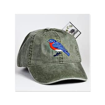 Eco Wear Embroidered Eastern Bluebird Cap, available at The Audubon Shop, the best shop for bird watchers, Madison CT