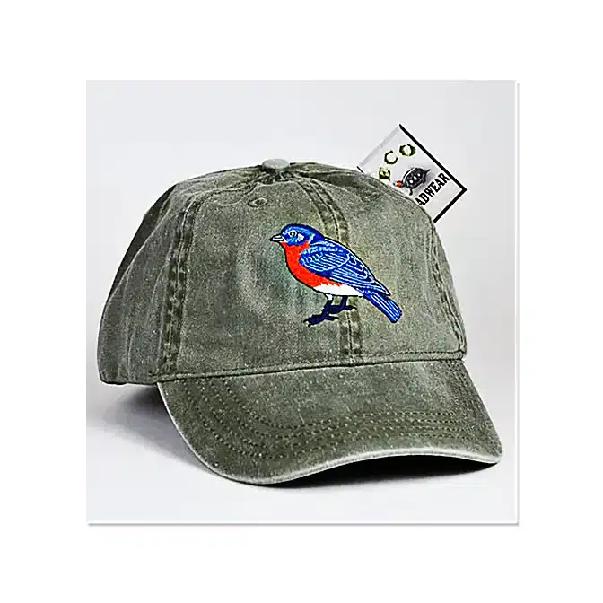 Eco Wear Embroidered Eastern Bluebird Cap, available at The Audubon Shop, the best shop for bird watchers, Madison CT