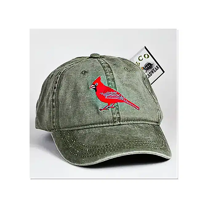 Eco Wear Embroidered Cardinal Cap, available at The Audubon Shop, the best shop for bird watchers, Madison CT