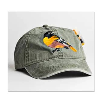 Eco Wear Embroidered Baltimore Oriole Cap, available at The Audubon Shop, the best shop for bird watchers, Madison CT