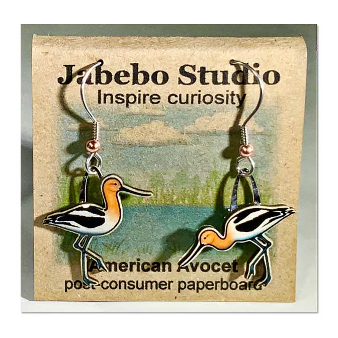 Jabebo American Avocet Earrings available at The Audubon Shop, the best shop for bird watchers, Madison CT.
