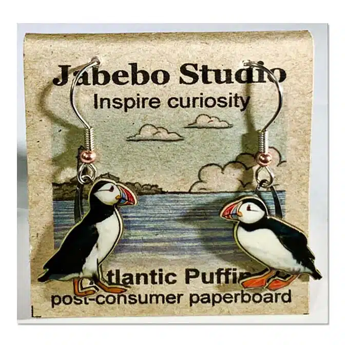 Jabebo Atlantic Puffin Earrings, available at The Audubon Shop, the best shop for bird watchers, Madison CT