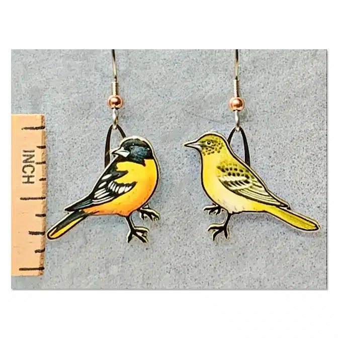 Jabebo Baltimore Oriole Earrings, available at The Audubon Shop, the best shop for bird watchers, Madison CT