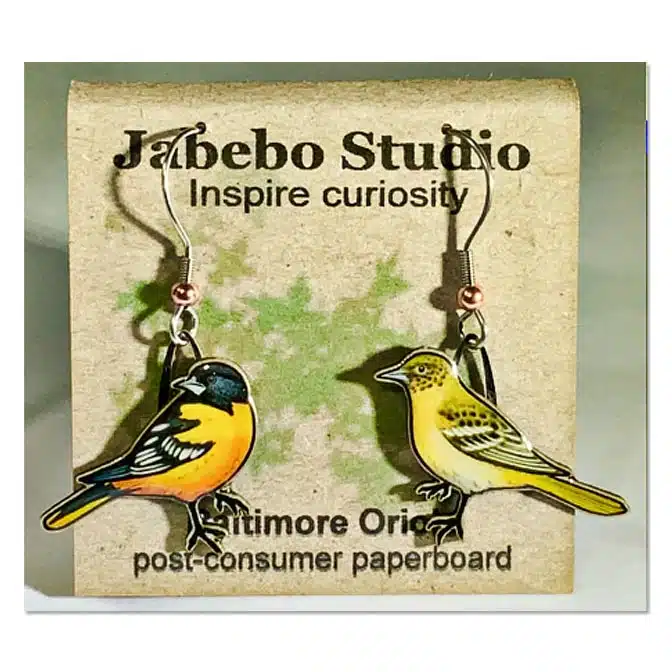 Jabebo Baltimore Oriole Earrings, available at The Audubon Shop, the best shop for bird watchers, Madison CT