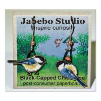 Jabebo Black-capped Chickadee Earrings, available at The Audubon Shop, the best shop for bird watchers, Madison CT