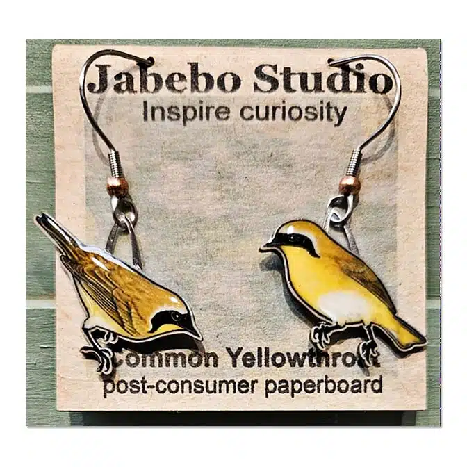 Jabebo Common Yellowthroat Earrings, available at The Audubon Shop, the best shop for nature gifts, Madison CT
