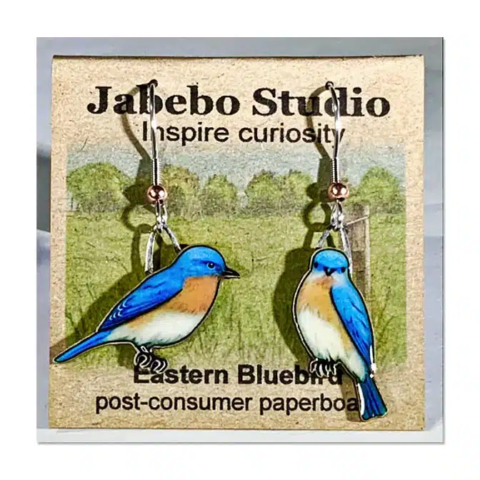 Jabebo Eastern Bluebird Earrings, available at The Audubon Shop, the best shop for nature gifts, Madison CT