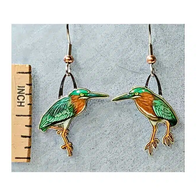 Jabebo Green Heron Earrings, available at The Audubon Shop, the best shop for bird watchers, Madison CT