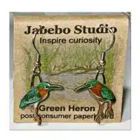 Jabebo Green Heron Earrings, available at The Audubon Shop, the best shop for bird watchers, Madison CT