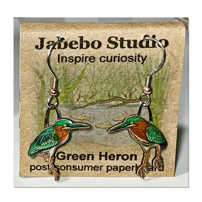 Jabebo Green Heron Earrings, available at The Audubon Shop, the best shop for bird watchers, Madison CT
