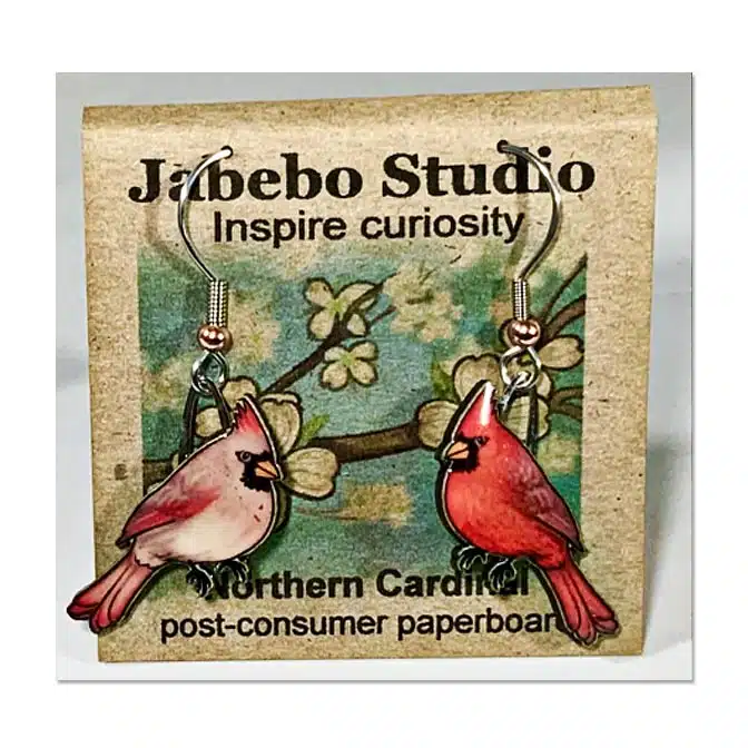 Jabebo Northern Cardinal Earrings, available at The Audubon Shop, the best shop for bird watchers, Madison CT