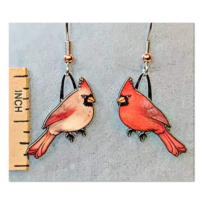 Jabebo Northern Cardinal Earrings, available at The Audubon Shop, the best shop for bird watchers, Madison CT