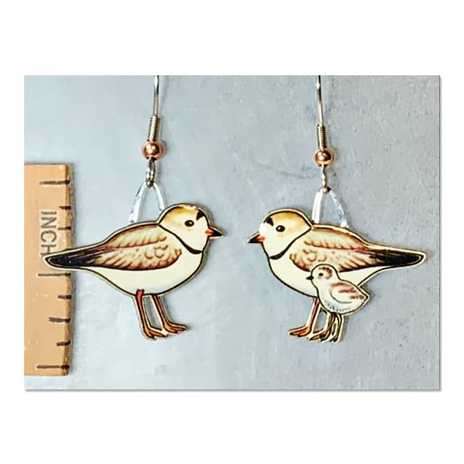 Jabebo Piping Plover Earrings available at The Audubon Shop, the best shop for bird watchers, Madison CT.