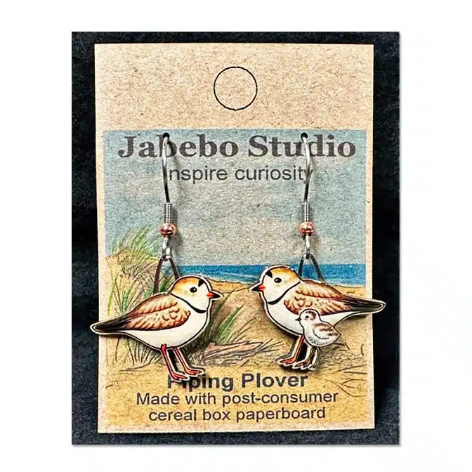 Jabebo Piping Plover Earrings available at The Audubon Shop, the best shop for bird watchers, Madison CT.
