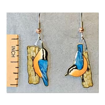 Jabebo Red-breasted Nuthatch Earrings, available at The Audubon Shop, the best shop for nature gifts, Madison CT