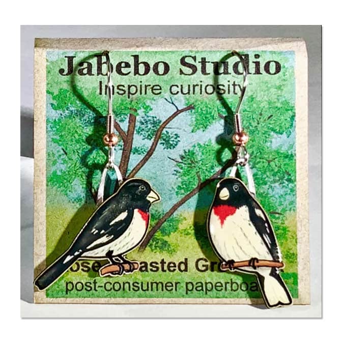 Jabebo Rose-breasted Grosbeak earrings, available at The Audubon Shop, the best shop for nature gifts, Madison CT