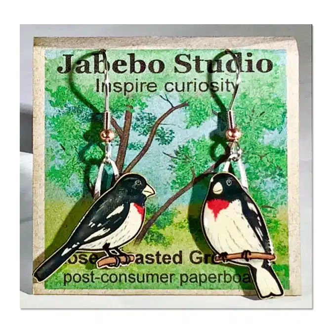 Jabebo Rose-breasted Grosbeak earrings, available at The Audubon Shop, the best shop for nature gifts, Madison CT
