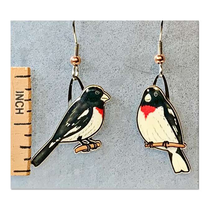 Jabebo Rose-breasted Grosbeak earrings, available at The Audubon Shop, the best shop for nature gifts, Madison CT