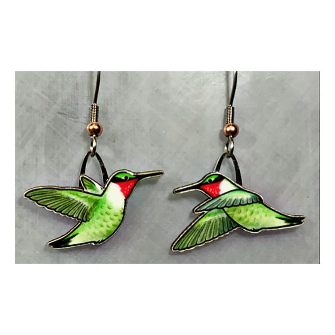 Jabebo Ruby-throated Hummingbird earrings, available at The Audubon Shop, the best shop for nature gifts, Madison CT