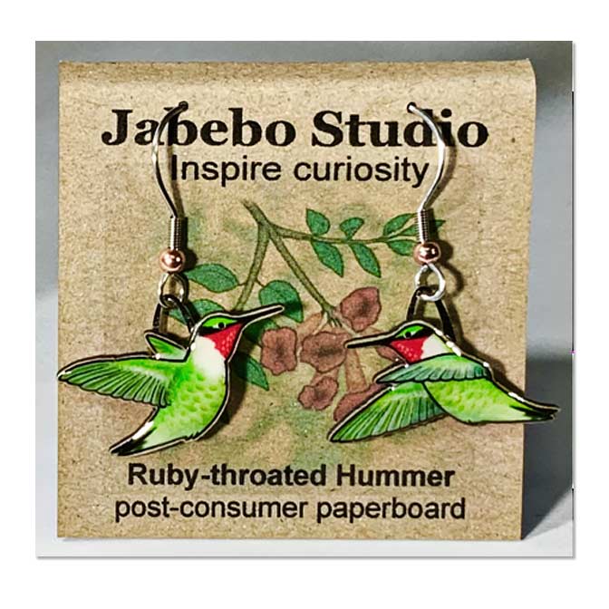 Jabebo Ruby-throated Hummingbird earrings, available at The Audubon Shop, the best shop for nature gifts, Madison CT