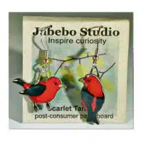 Jabebo Scarlet Tanager earrings, available at The Audubon Shop, the best shop for nature gifts, Madison CT