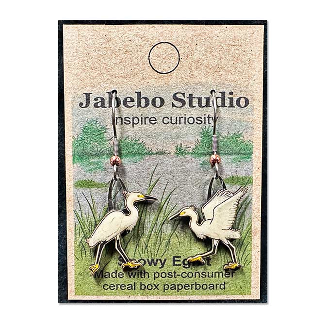 Jabebo Snowy Egret Earrings, available at The Audubon Shop, the best shop for bird watchers, Madison CT
