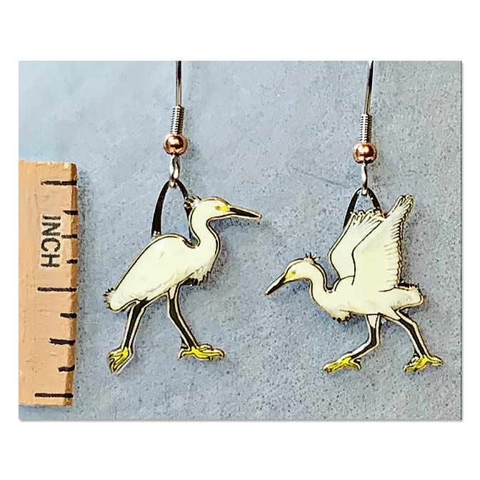 Jabebo Snowy Egret Earrings, available at The Audubon Shop, the best shop for bird watchers, Madison CT