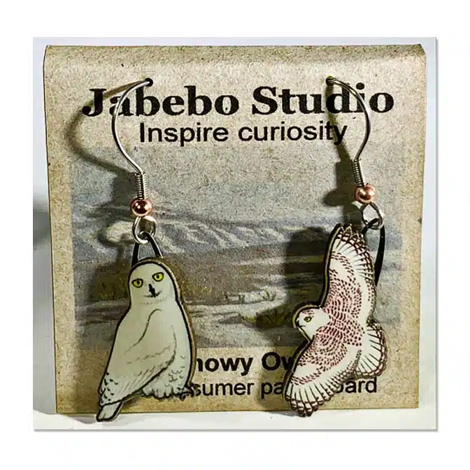 Jabebo Snowy Owl Earrings, available at The Audubon Shop, the best shop for bird watchers, Madison CT