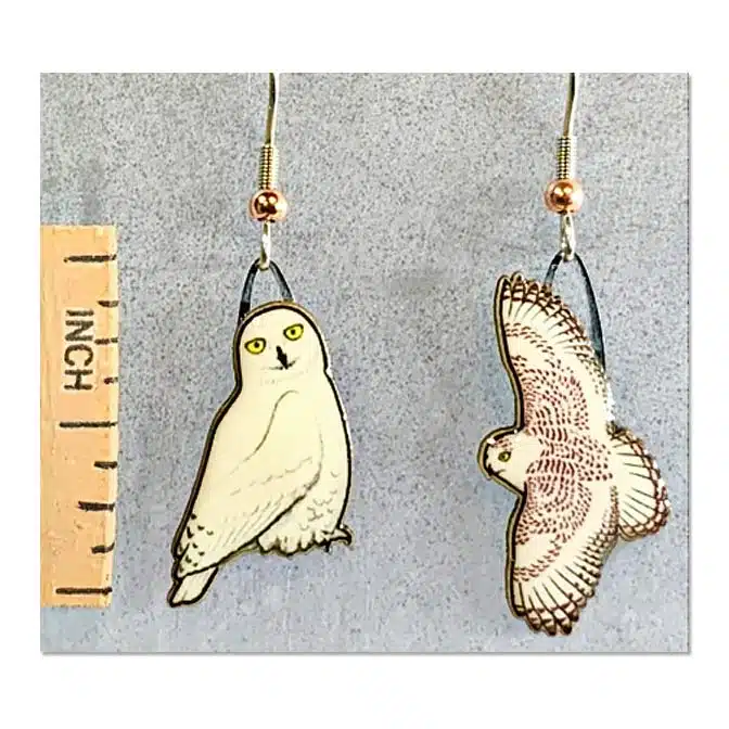 Jabebo Snowy Owl Earrings, available at The Audubon Shop, the best shop for bird watchers, Madison CT