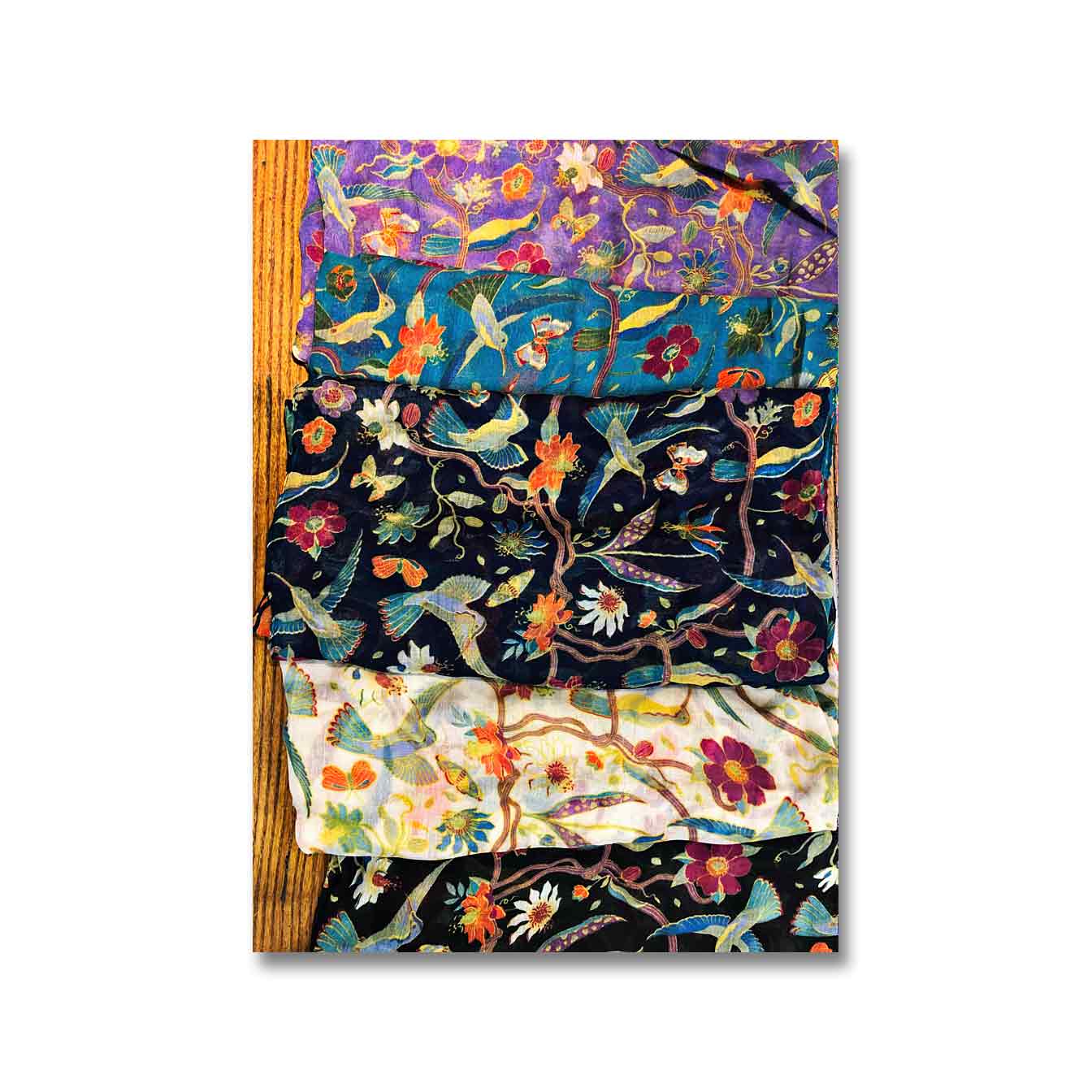 Hummingbirds with Flowers Scarf multi colors, available at The Audubon Shop, the best shop for nature gifts, Madison CT