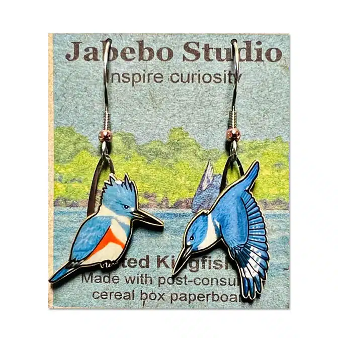 Jabebo Belted Kingfisher earrings, available at The Audubon Shop, the best shop for nature gifts, Madison CT