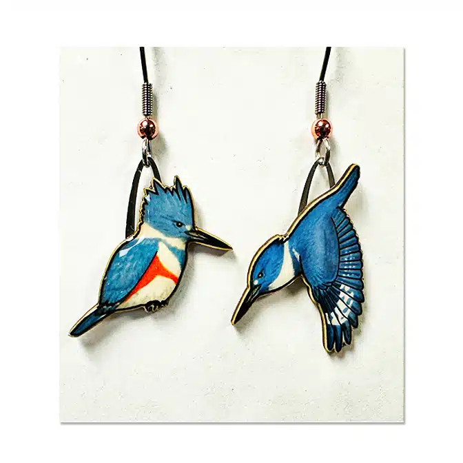 Jabebo Belted Kingfisher earrings, available at The Audubon Shop, the best shop for nature gifts, Madison CT