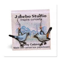 Jabebo Gray Catbird earrings, available at The Audubon Shop, the best shop for nature gifts, Madison CT